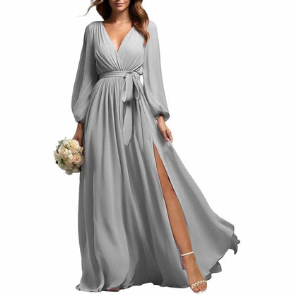 sd-hk Long Sleeve Chiffon Bridesmaid Dress with Slit