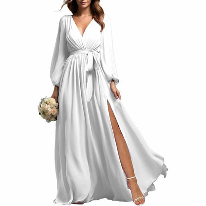 sd-hk Long Sleeve Chiffon Bridesmaid Dress with Slit