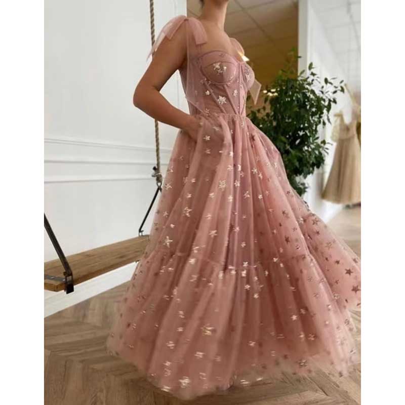 Garden Prom Dress Tulle Glitter Starry Long Lace-Up Straps Birthday Party Ball Gowns