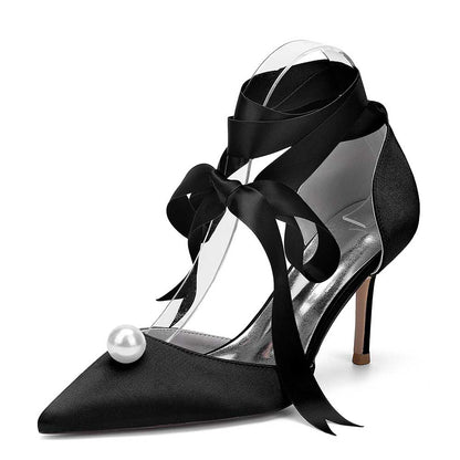 Satin Wedding Shoes Lace Up Hand-Made Bridal Pump Prom Heels