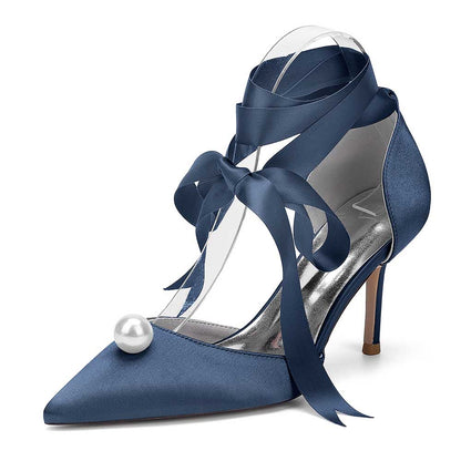 Satin Wedding Shoes Lace Up Hand-Made Bridal Pump Prom Heels