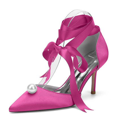 Satin Wedding Shoes Lace Up Hand-Made Bridal Pump Prom Heels
