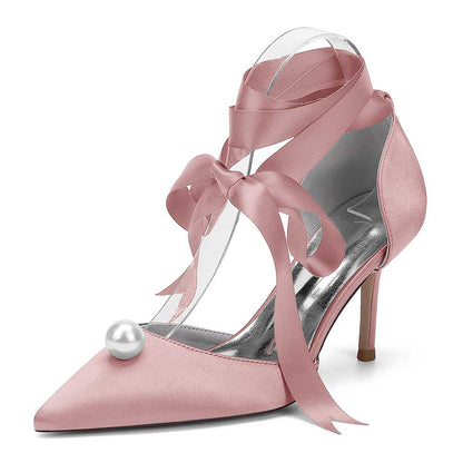Satin Wedding Shoes Lace Up Hand-Made Bridal Pump Prom Heels