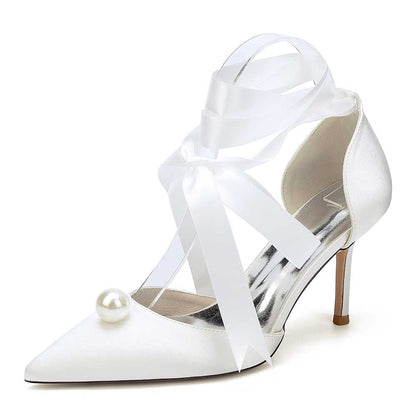 Satin Wedding Shoes Lace Up Hand-Made Bridal Pump Prom Heels