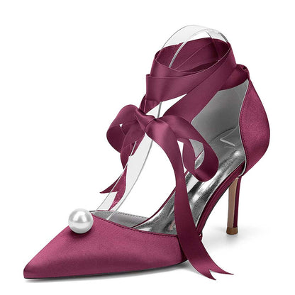 Satin Wedding Shoes Lace Up Hand-Made Bridal Pump Prom Heels