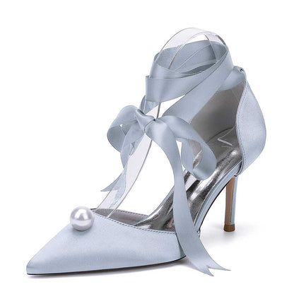 Satin Wedding Shoes Lace Up Hand-Made Bridal Pump Prom Heels