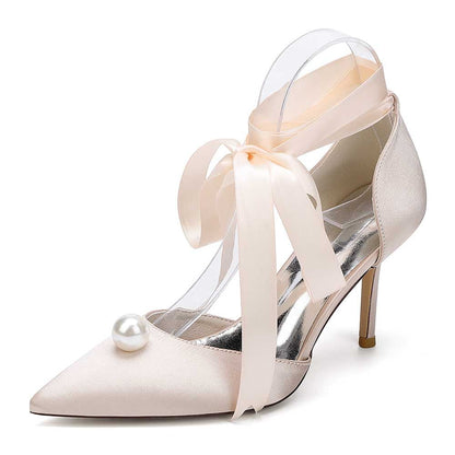 Satin Wedding Shoes Lace Up Hand-Made Bridal Pump Prom Heels