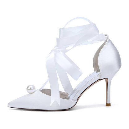 Satin Wedding Shoes Lace Up Hand-Made Bridal Pump Prom Heels