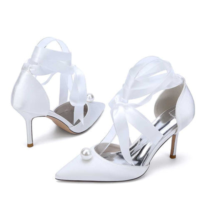 Satin Wedding Shoes Lace Up Hand-Made Bridal Pump Prom Heels