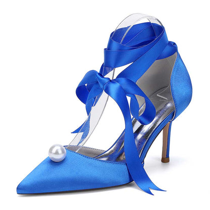 Satin Wedding Shoes Lace Up Hand-Made Bridal Pump Prom Heels