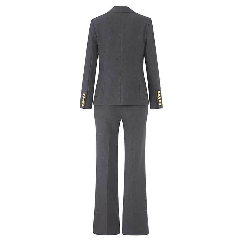 Back view of a ladies tailored pantsuit for events in gray with elegant fit and button details