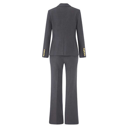 Back view of a ladies tailored pantsuit for events in gray with elegant fit and button details