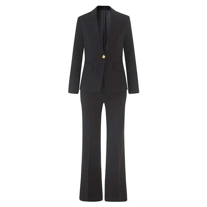 Elegant black ladies tailored pantsuit for events featuring a sleek design with a fitted blazer and flared trousers