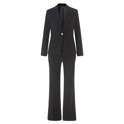 Elegant black ladies tailored pantsuit for events featuring a sleek design with a fitted blazer and flared trousers