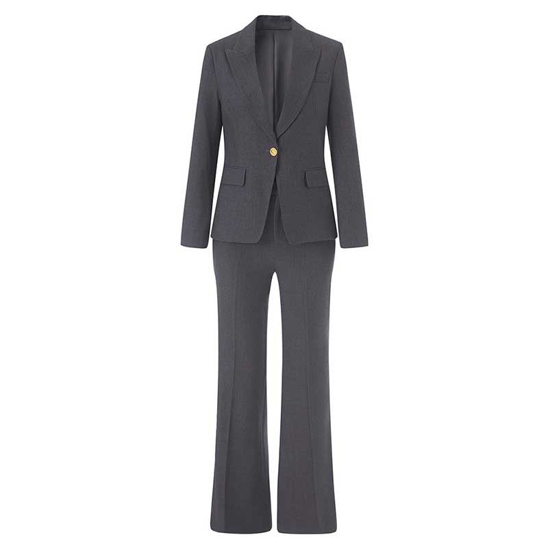 SD Dresscode tailored ladies tailored pantsuit for events in sleek charcoal gray with a stylish blazer and flared trousers.