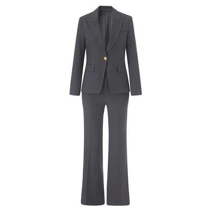 SD Dresscode tailored ladies tailored pantsuit for events in sleek charcoal gray with a stylish blazer and flared trousers.
