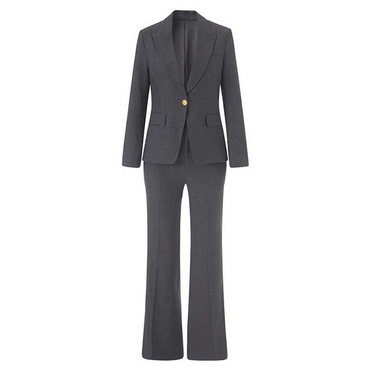 SD Dresscode tailored ladies tailored pantsuit for events in sleek charcoal gray with a stylish blazer and flared trousers.