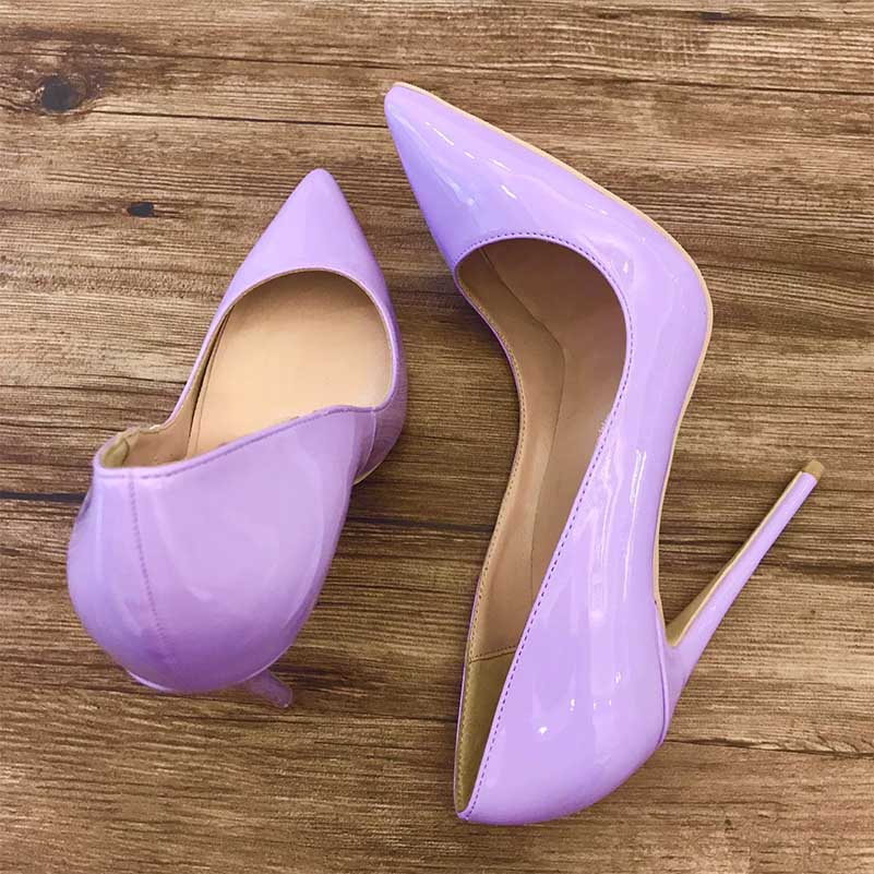 Lavender high heels for women featuring a sleek pointed toe design and glossy finish