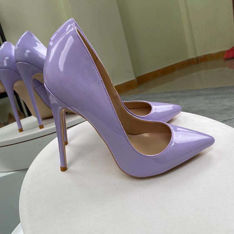 Stylish lavender high heels for women with a glossy finish and pointed toe design