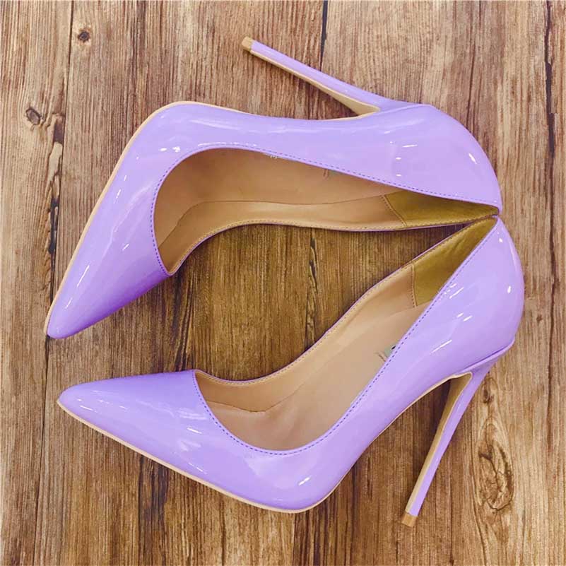 Lavender high heels for women with a sleek pointed toe design and shiny finish