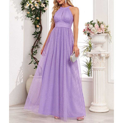 Halter Neck Wedding Guest Dress Tulle Long Prom Dress Lavender Bridesmaid Dress