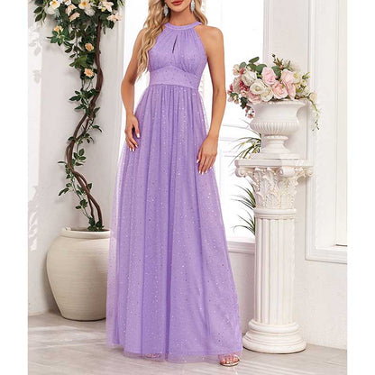 Halter Neck Wedding Guest Dress Tulle Long Prom Dress Lavender Bridesmaid Dress