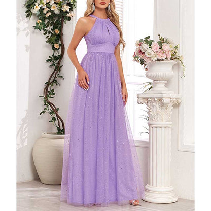 Halter Neck Wedding Guest Dress Tulle Long Prom Dress Lavender Bridesmaid Dress