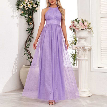 Halter Neck Wedding Guest Dress Tulle Long Prom Dress Lavender Bridesmaid Dress