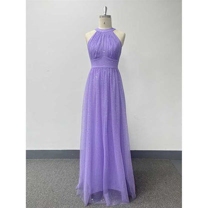 Halter Neck Wedding Guest Dress Tulle Long Prom Dress Lavender Bridesmaid Dress