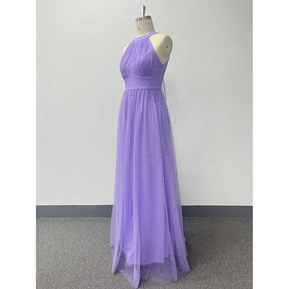 Halter Neck Wedding Guest Dress Tulle Long Prom Dress Lavender Bridesmaid Dress