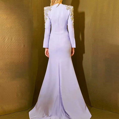 Womens Beaded Evening Gown Lavender Long Dress