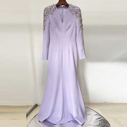 Womens Beaded Evening Gown Lavender Long Dress