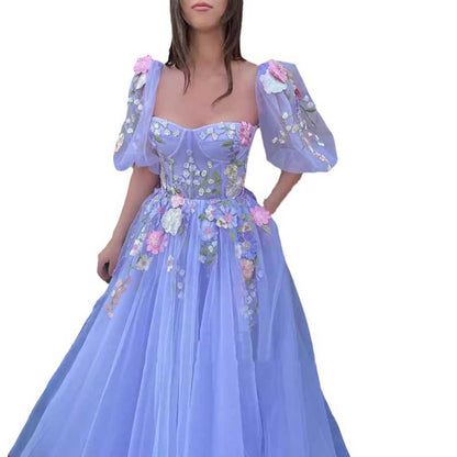 Flower Embroidered Tulle Formal Dress Lavender Event Gowns