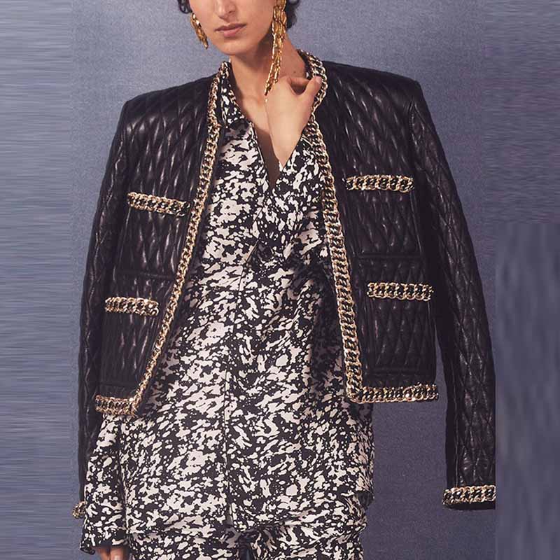 Women's Faux Leather Golden Buttons Loose Fit Jacket + Mini Skirt Suit Black Fashion Suit