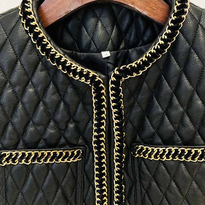 Women's Faux Leather Golden Buttons Loose Fit Jacket + Mini Skirt Suit Black Fashion Suit