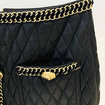 Women's Faux Leather Golden Buttons Loose Fit Jacket + Mini Skirt Suit Black Fashion Suit