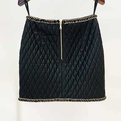 Women's Faux Leather Golden Buttons Loose Fit Jacket + Mini Skirt Suit Black Fashion Suit