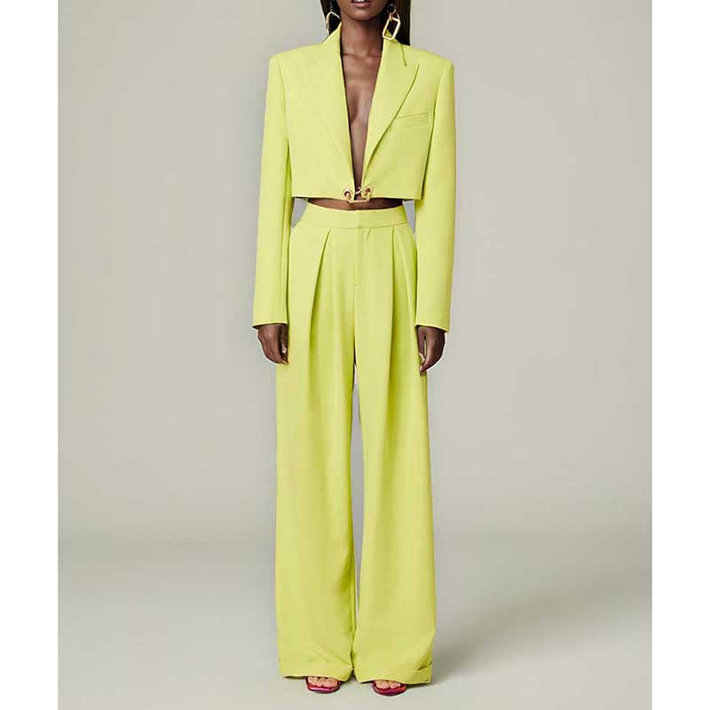 One Button Short Blazer Loose Pants Suits Lemon Green