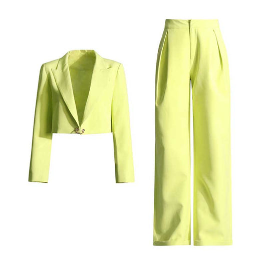 One Button Short Blazer Loose Pants Suits Lemon Green