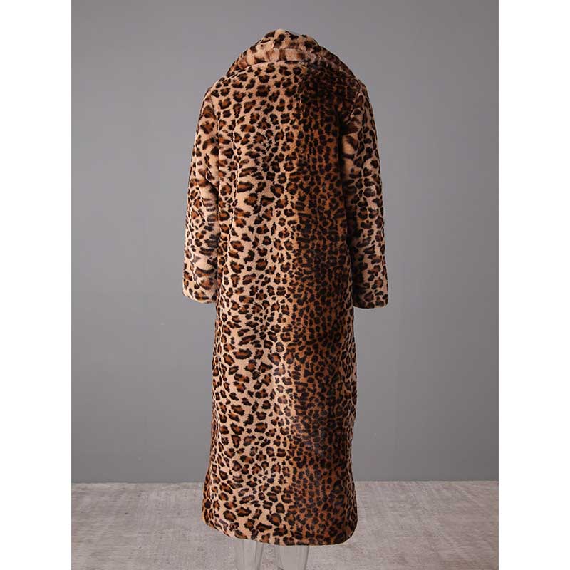 Back view of a leopard print faux fur jacket with a long silhouette and soft texture