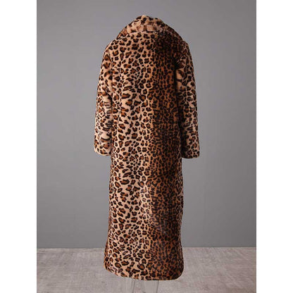 Back view of a leopard print faux fur jacket with a long silhouette and soft texture