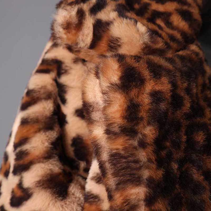 Leopard print faux fur jacket with soft texture and stylish design for winter wear