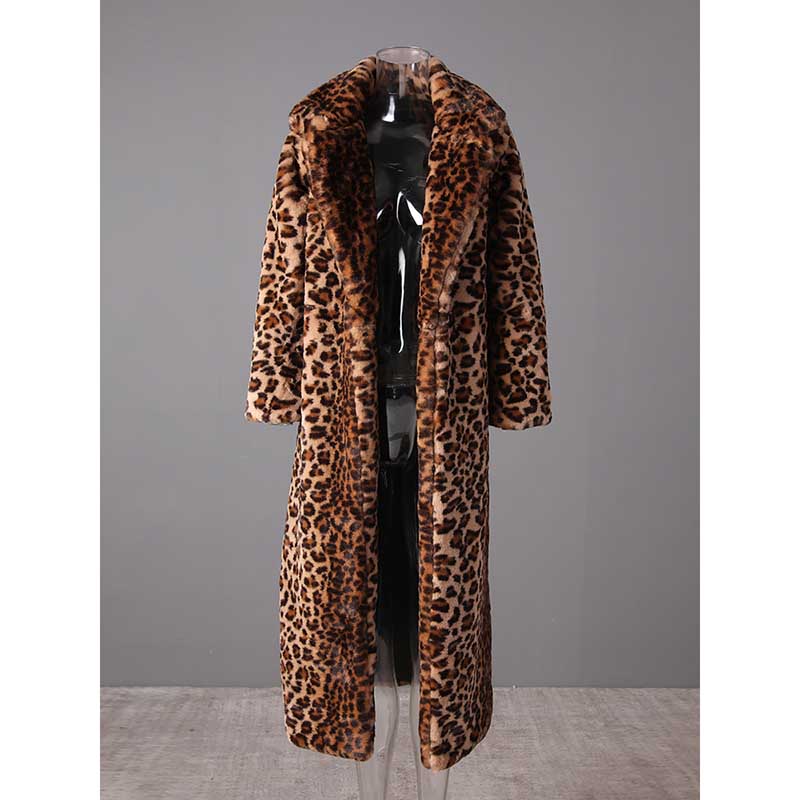 Leopard print faux fur jacket with a stylish long cut and plush texture for fashionable warmth