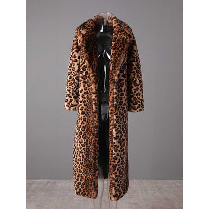 Leopard print faux fur jacket with a stylish long cut and plush texture for fashionable warmth