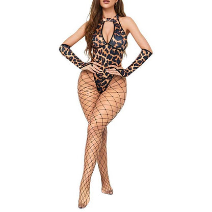 Leopard print lingerie set featuring a daring bodysuit with matching gloves and fishnet stockings