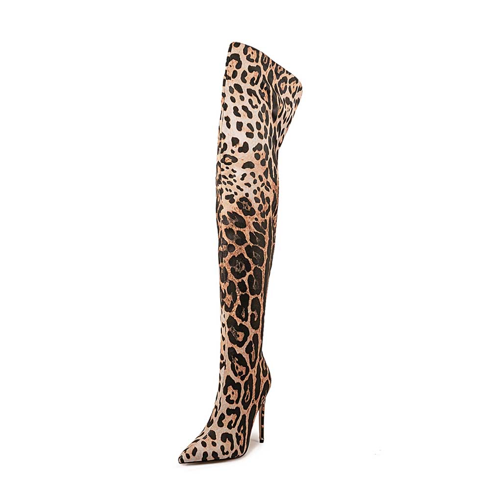 Leopard print over the knee boots with high heels for stylish and fashionable outfits