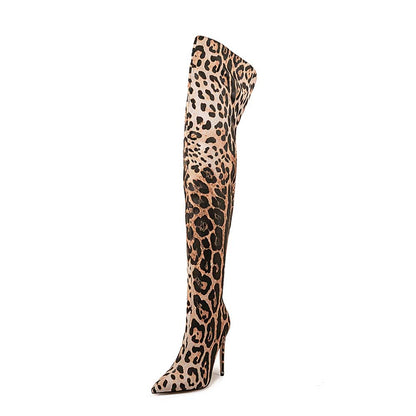 Leopard print over the knee boots with high heels for stylish and fashionable outfits