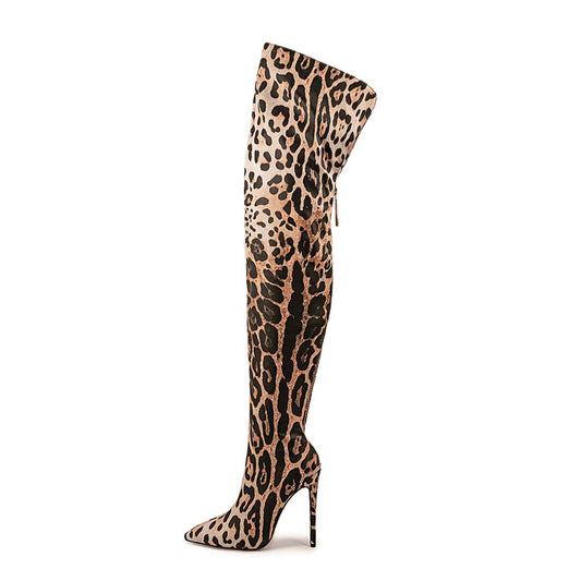 Leopard print over the knee boots with a high stiletto heel and stylish design