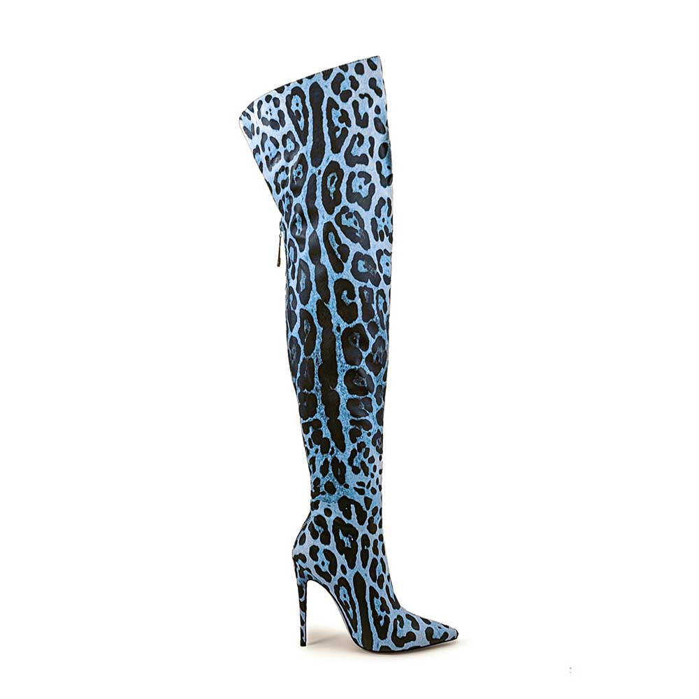 Stylish leopard print over the knee boots with a stiletto heel and a blue pattern