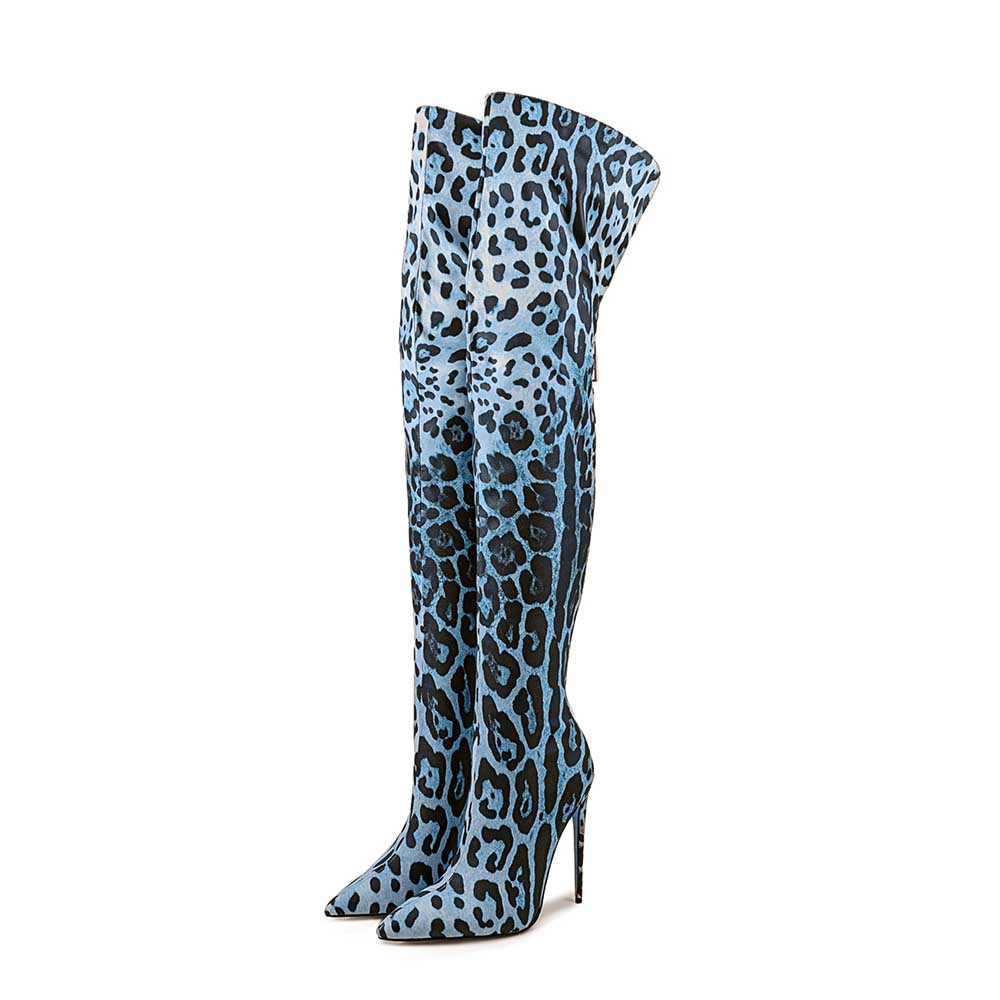 Leopard print over the knee boots in light blue with high heels for a trendy fashion statement